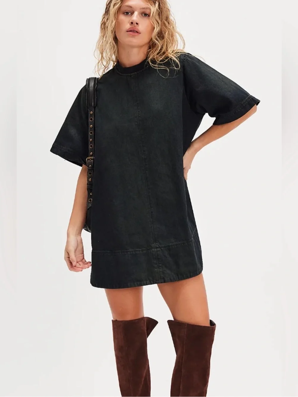Free People Harlow Black Short Sleeve Mini Dress Country Cowgirl Sz S Oversized